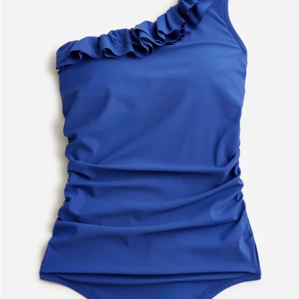 J Crew One-Shoulder Ruffle Ruched Matte Blue Swimsuit
